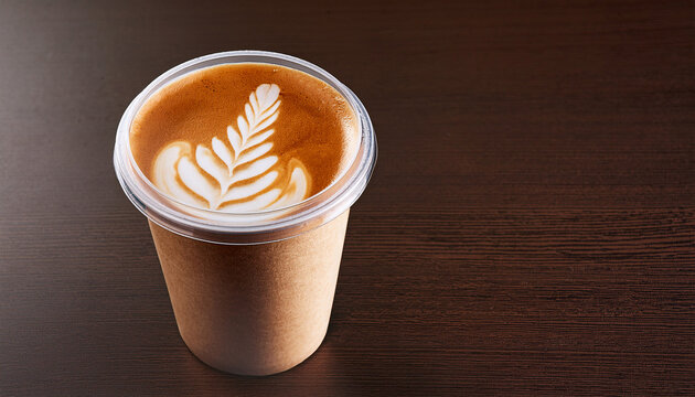 Latte Coffee In Disposable Cup With Leaf Design