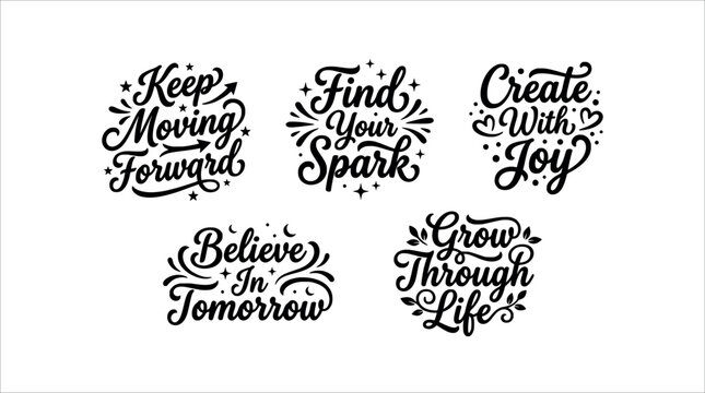 Collection of motivational black lettering quotes including keep moving forward and find your spark for daily self improvement.