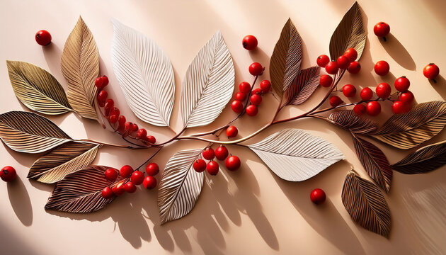 Delicate Leaves And Red Berries Casting Intricate Shadows Create
