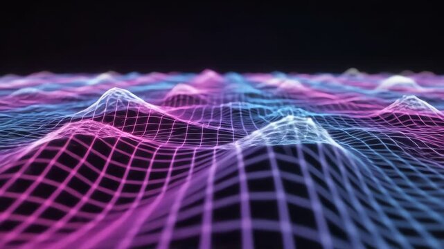 Neon wireframe contour gradient mesh terrain animation on black