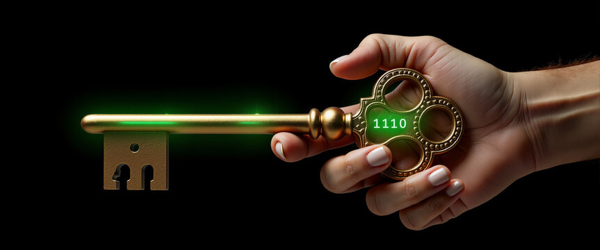 Hand holding binary key for cybersecurity encryption presentations