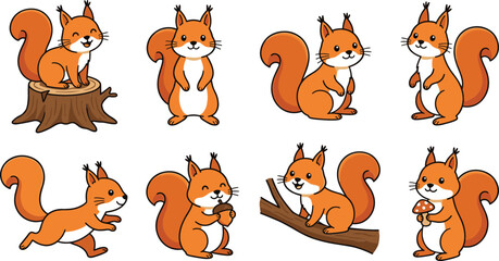 Obraz premium Cute Squirrel Cartoon Character Vector Set with Red Squirrel Icons Running Sitting Holding Acorn Mushroom and Standing on Tree Branch for Kids Designs