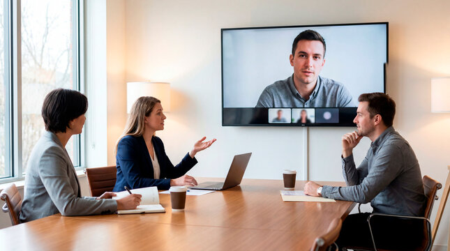 Confident business team collaborating during hybrid video conference call in modern office
