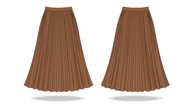 Women Brown Pleated Maxi Skirt Technical Flat Sketch Set Front and Back View Fashion Design Template Mockup
