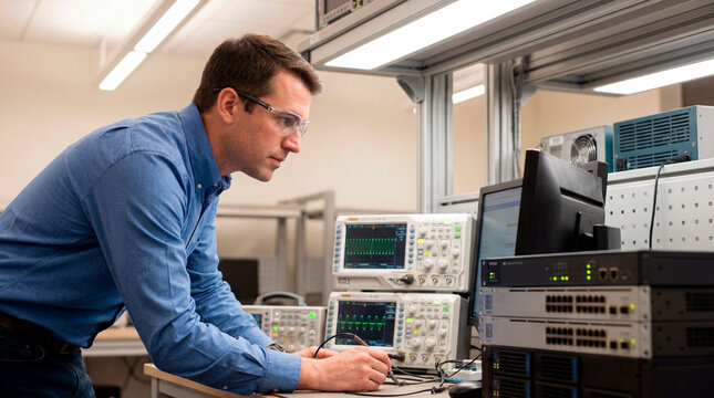 Focused engineer analyzing data on oscilloscopes in electronics research laboratory