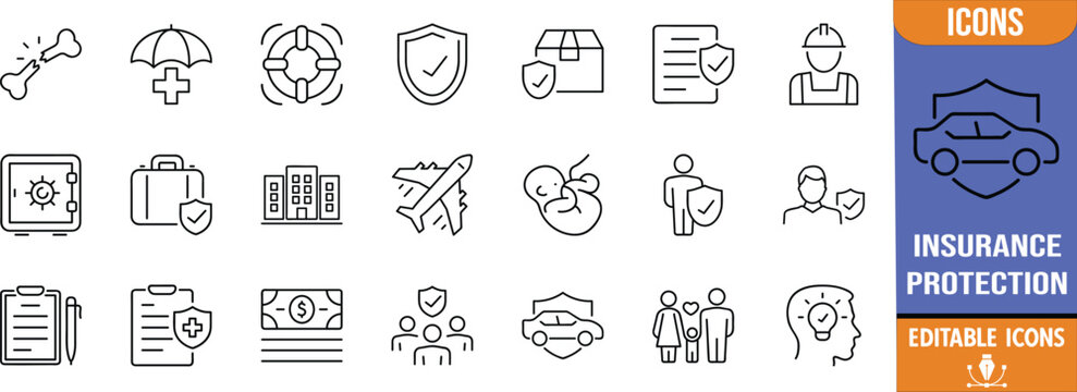 Insurance and protection line icons. car icon set, money icon set, building icon set