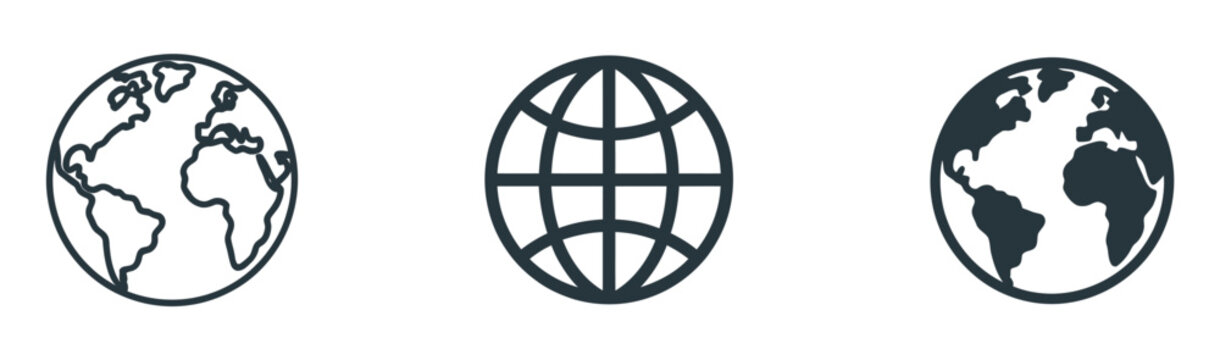 Globe icon set, internet and web symbols featuring www signs, website navigation icons, homepage buttons, earth globe graphics, vector illustration.