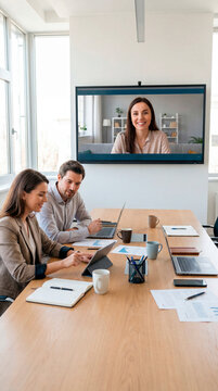 Business colleagues attending hybrid video conference meeting with remote presenter onscreen