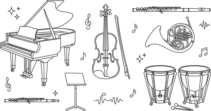 Classical orchestra musical instruments vector line art icon set featuring grand piano violin French horn flute and timpani