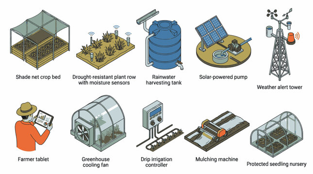 Collection of isometric illustrations showcasing modern agricultural technology and sustainable farming practices.