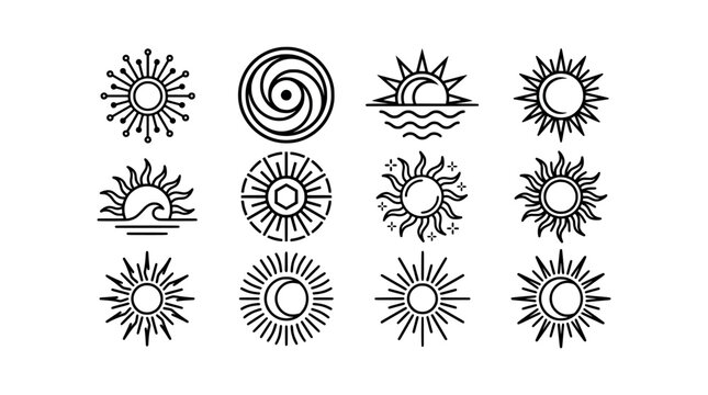 Set of sun symbols with rays and moon phases featuring celestial geometric line art icons for mystical or bohemian style design.