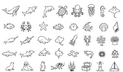 Minimalist sea life line icons, collection of 40 ocean animal vector illustrations, simple black and white aquatic creature symbols for marine education © Saad