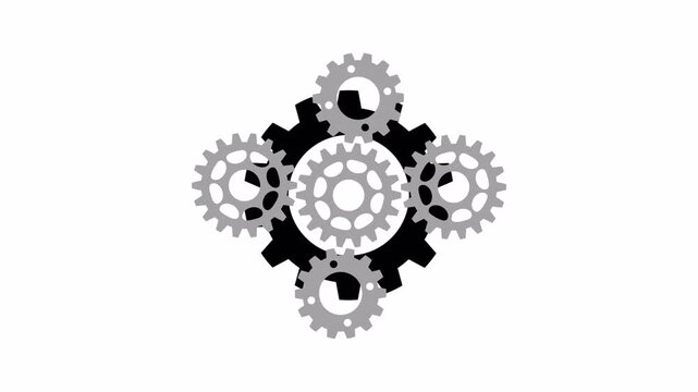 Simple 2D animation of interlocking black and grey gears rotating in a synchronized mechanical motion on a transparent background with alpha channel for easy compositing