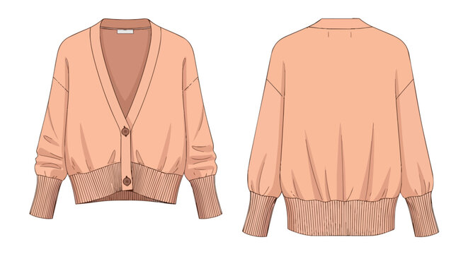 Women Button Up Cardigan Sweater Technical Flat Fashion Sketch Front and Back View Peach Color Template