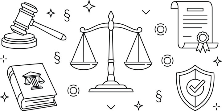 Law and justice vector line art icon set featuring judge gavel scales law book certificate and security shield