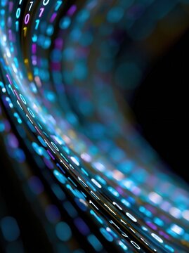 Abstract digital stream with glowing binary code, futuristic technology data flow background, high-speed internet and data transfer visualization in neon blue and purple light