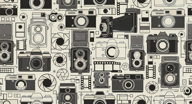 Seamless pattern of vintage and retro cameras for photography enthusiasts