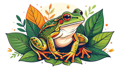 Fototapeta premium Green Frog Sitting on Leaves Outdoors.