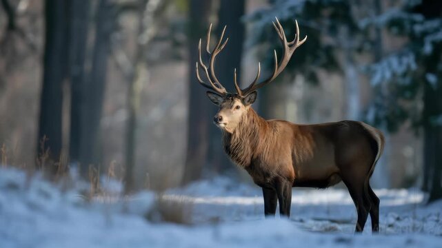 Majestic red deer stag with large branching antlers standing gracefully in a snowy forest during the cold winter season captured with sharp focus and soft lighting
