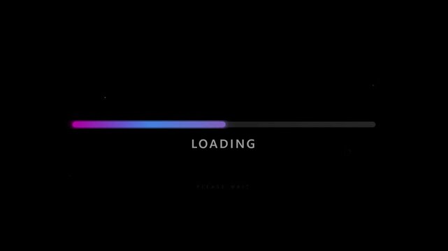 Vibrant neon gradient loading bar animation filling up on a black background with loading please wait text