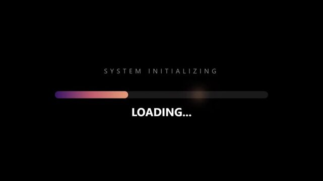Horizontal warm gradient loading bar animation with system initializing and loading text on a black background