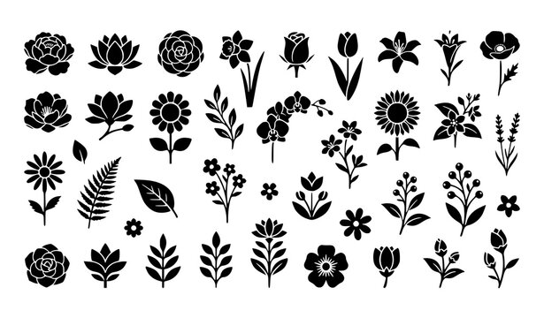 Minimal Black Floral Silhouette Icon Pack &ndash; 36 Botanical Flower Elements Isolated Collection
