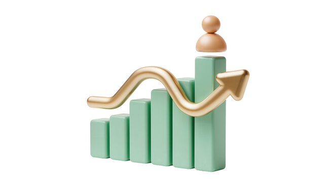 Green bar chart with golden arrow and person icon, isolated on transparent background