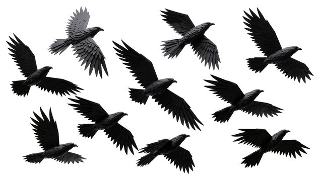 Flock of black birds in flight, isolated on transparent background