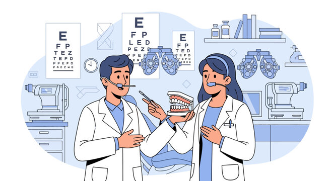 Optometrists Discussing Eye Care With Dental Model.