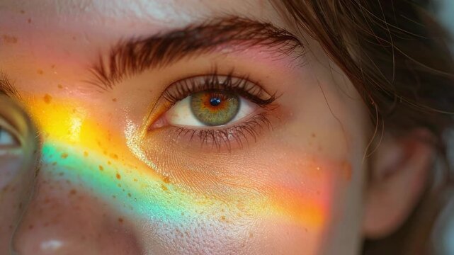 Extreme close up macro portrait of a beautiful green human eye on a freckled face illuminated by a vibrant rainbow light prism effect.