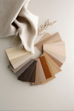 Neutral material moodboard with fabric drape and wood veneer swatches for interior design background and color palette inspiration for decor projects