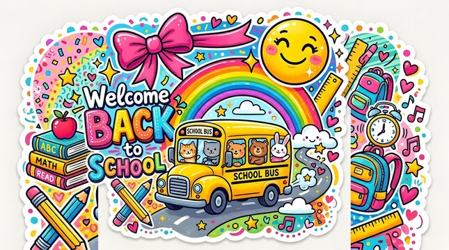 Colorful welcome back to school classroom scene with oversized supplies, rainbow, books, globe, ruler, and cheerful educational doodles