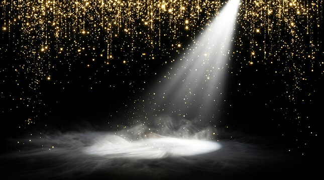 Bright diagonal spotlight beam with falling gold glitter on foggy stage backdrop