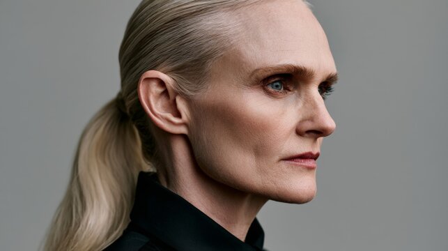 Profile portrait of an assertive mature businesswoman demonstrating confidence and professionalism. This image is ideal for use in corporate presentations, leadership training, and marketing campaigns