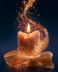 Fototapeta premium A glowing candle radiates warm light with sparkling particles swirling around it, accompanied by an elegant golden ribbon, ideal for festive occasions and decorative purposes.