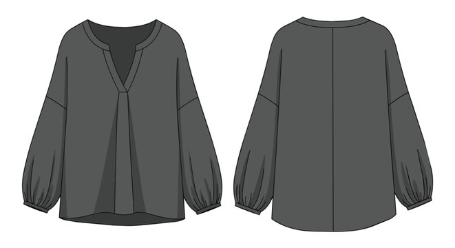 Women's Black Long Sleeve Blouse with Front Pleat and Balloon Sleeves Fashion Technical Sketch Flat Mockup