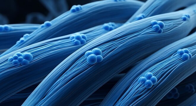 Microscopic view of muscle fibers with attached globular proteins.