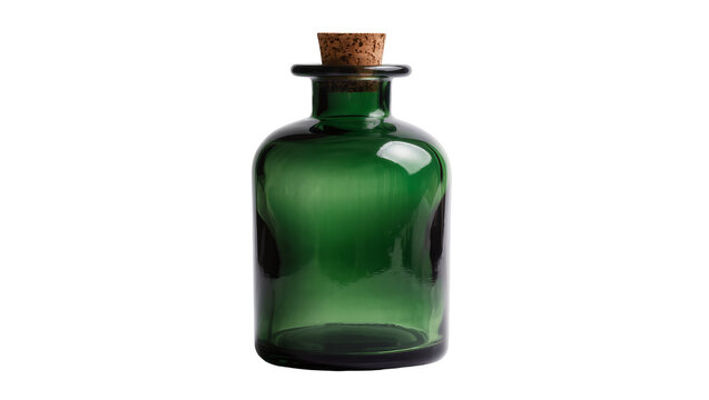 Dark green glass apothecary bottle with cork stopper, isolated on transparent background