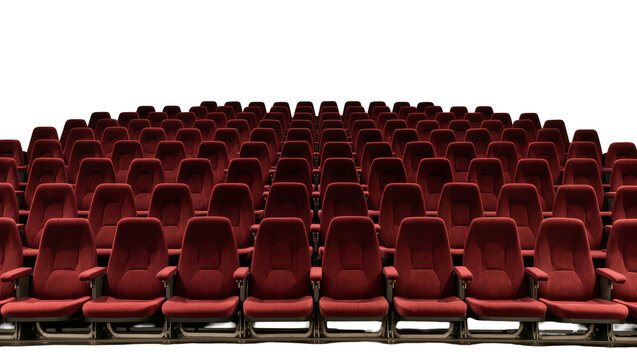Rows of plush red velvet cinema seats arranged in a theater, isolated on transparent background