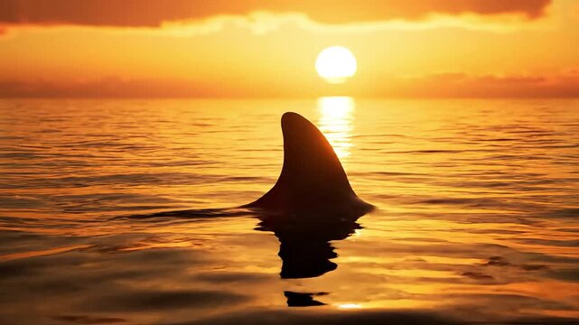 A shark fin emerges from serene waters at sunset, reflecting warm tones.