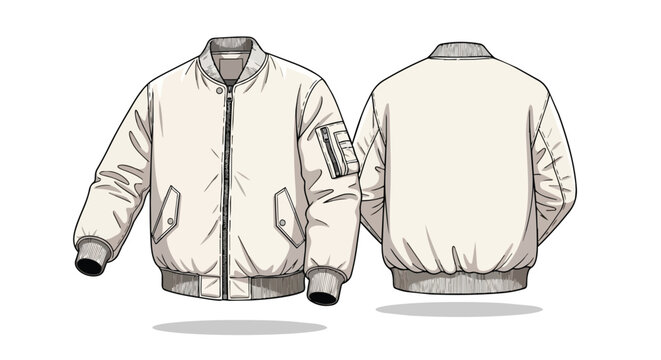 Classic White Bomber Jacket Technical Illustration Mockup Featuring Front and Back View for Fashion Design