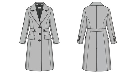 Naklejka premium Women's Elegant Grey Long Overcoat Fashion Technical Flat Sketch Front and Back View Apparel Design Template