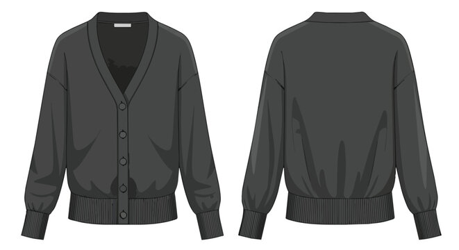 Premium Black Knit Cardigan Sweater Technical Drawing with Front and Back Views Fashion Design Template