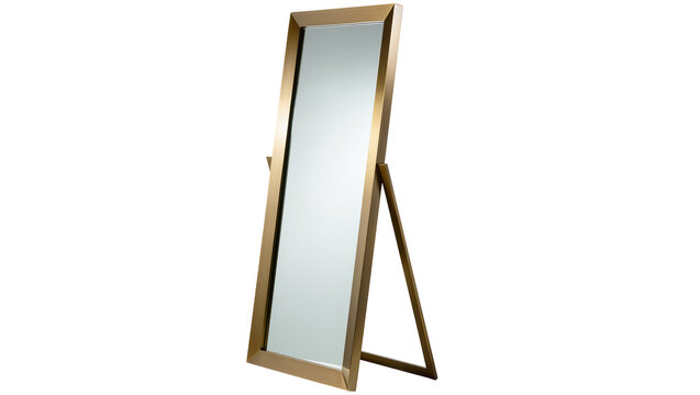 Tall rectangular floor mirror with thin golden frame and wooden stand, isolated on transparent background