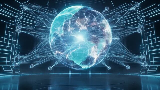 Futuristic high tech room with a large glowing blue digital holographic planet earth sphere core connected to neural network nodes.