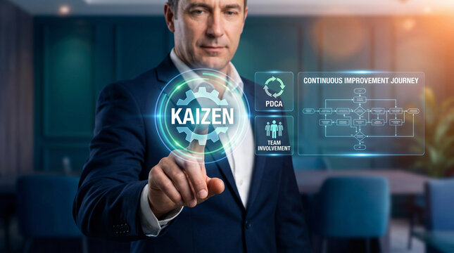Professional business leader touching a glowing digital kaizen interface for continuous improvement in corporate strategy