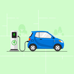 Naklejka premium Electric Blue Car Charging at Station, Clean Energy Concept