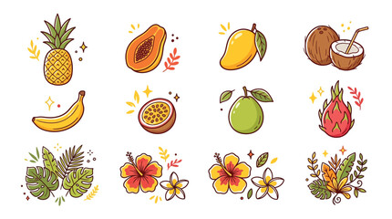 A vibrant collection of tropical fruits and flowers, including pineapple, papaya, mango, coconut, banana, passion fruit, guava, and dragon fruit, alongside lush foliage and hibiscus blooms. © Rra Terra