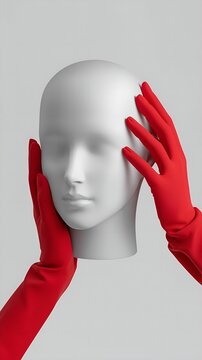 Close up of smooth featureless mannequin head with red gloves touching face minimalist style
