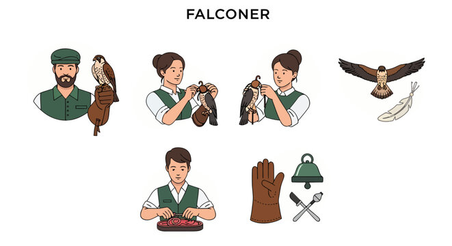 Falconer with bird and equipment.